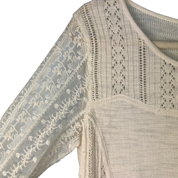 Anthropologie Knitted Knotted Surrey Pullover Top Ivory Lace Size M Casual Cozy - Picture 5 of 10